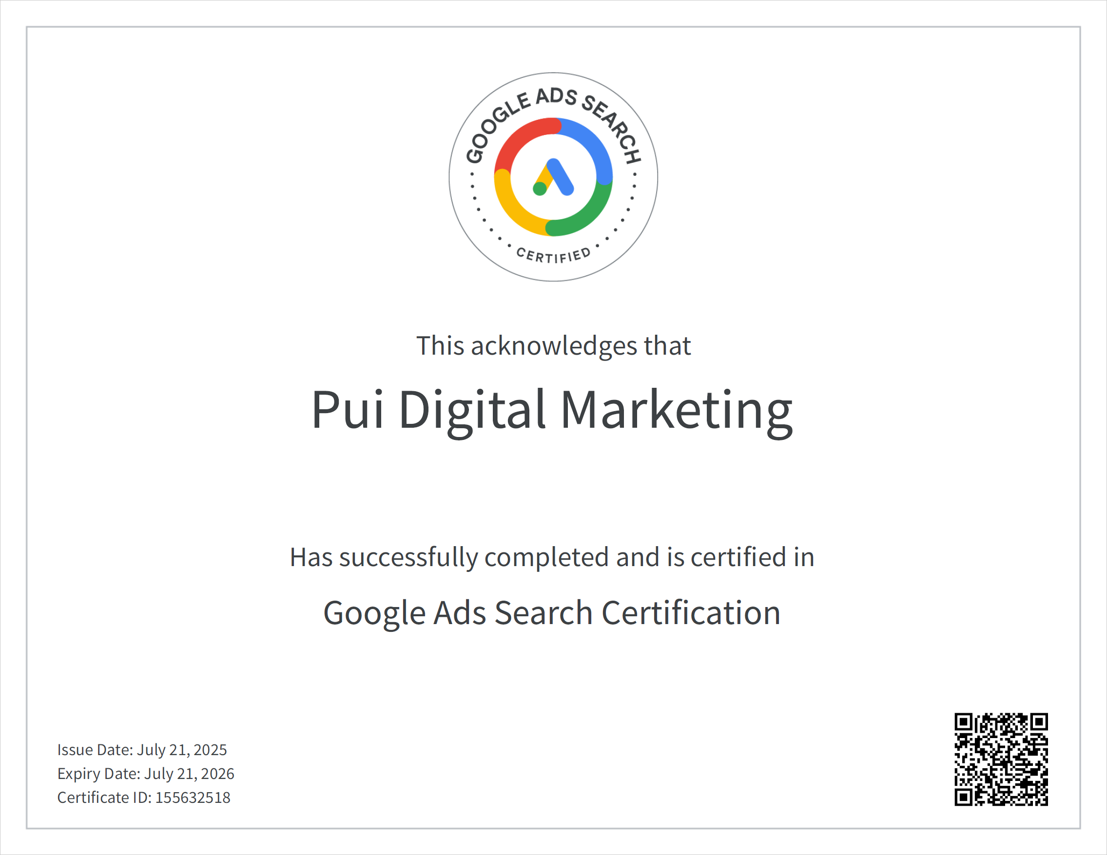 ใบรับรอง-Google Ads Search Certification Pui Digital Marketing